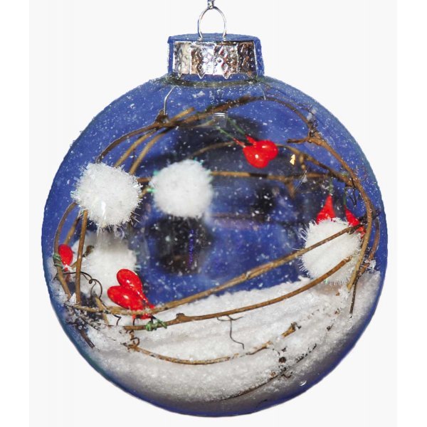 Χριστουγεννιάτικη Γυάλινη Μπάλα Διάφανη, με Χιόνι και Κλαδάκια στο Εσωτερικό (10cm)